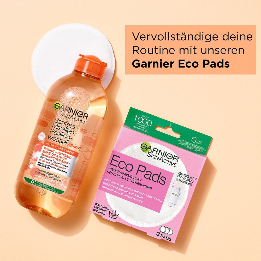 Sanftes Mizellen Reinigungswasser mit Peeling-Effekt und Garnier Eco Pads